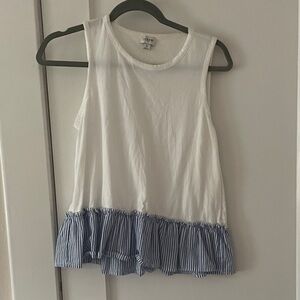 J Crew | White Top with Blue Striped Ruffle
